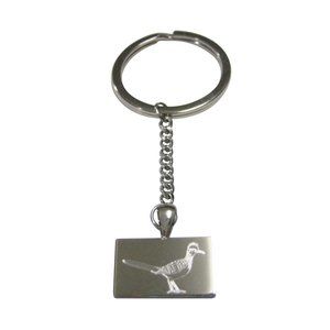 Silver Toned Rectangular Etched Roadrunner Bird Pendant Keychain